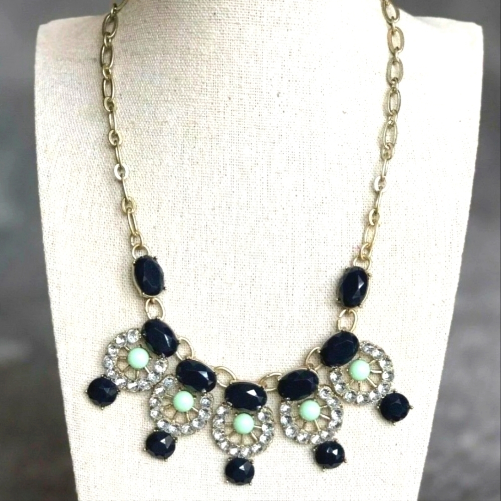 J CREW Crystal Navy Blue Green Stone Antique Gold Rhinestone Statement Necklace
